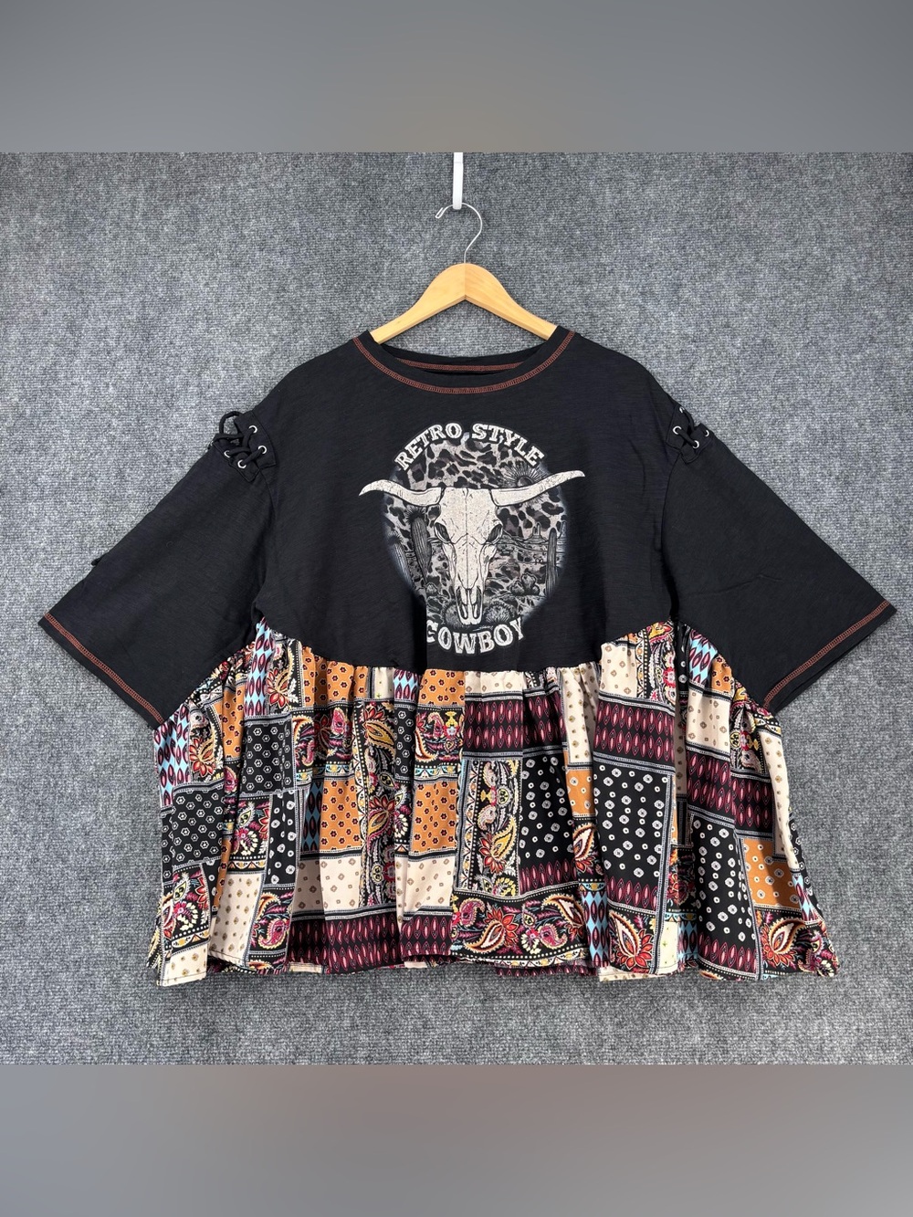 SHEIN Boho Cowgirl Tunic Top Mixed Media Women’s L Festival Flowy Dolman Sleeve